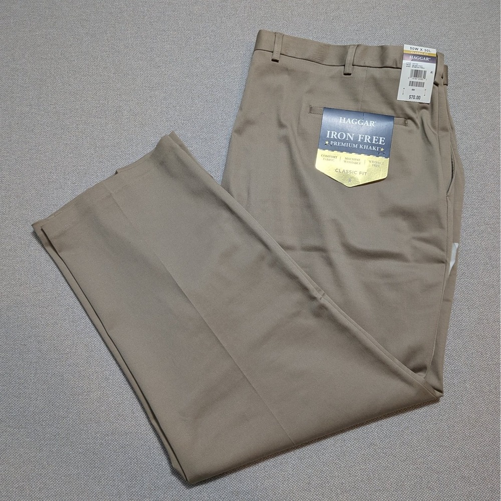 Haggar Pants Men's 50x30 Premium Khaki Stretch Twill Classic Fit Iron Free Chino